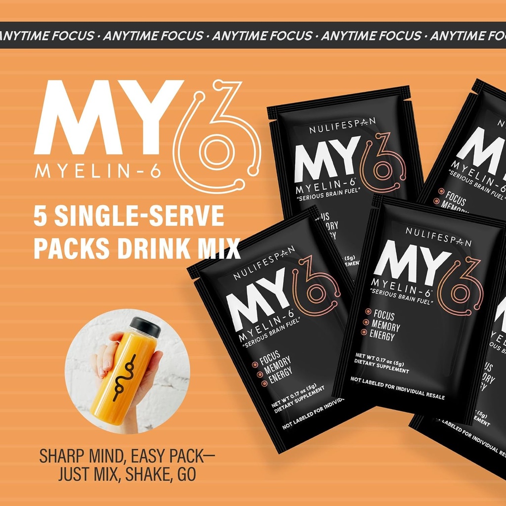Myelin-6, Sampler Pack, 5 Single Serve Packs, Focus Supplement & Brain Health with AlphaSize, Memory and Cognitive Function Support, Orange Tangerine Flavor, Gluten-Free, Non-GMO 3