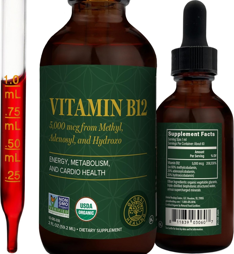 Global Healing - Organic Vitamin B12 5000 MCG Sublingual Liquid - Methylcobalamin, Hydroxo Blend & More - Methylated Drops for Adults - Vegan, Non-GMO, VIT B12, Vitamins Supplement (2 Oz) 2