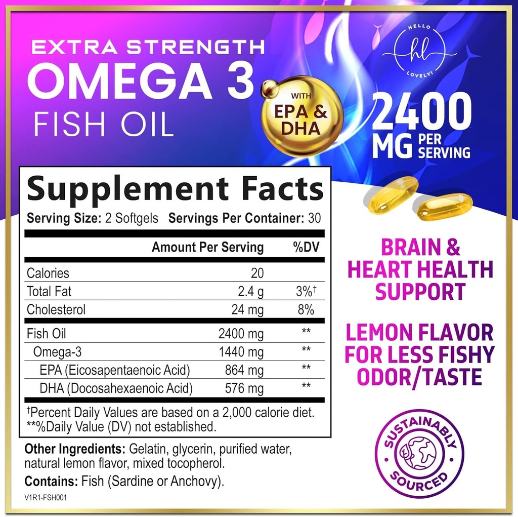 Omega 3 Fish Oil Supplements 2400mg - Triple Strength Omega 3 Fatty Acids, Natural Heart Health Brain & Joint Support - Fatty Acids with EPA & DHA - Wild Caught Fish Oil Supplement - 60 Softgels 3