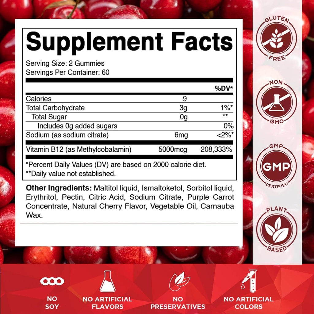 Vitamatic Extra Strength Vitamin B12 5000 mcg (Methyl B12) Gummies - 120 Count - Energy Metabolism Support and Nervous System Health Support, Natural Cherry Flavored (1) 3