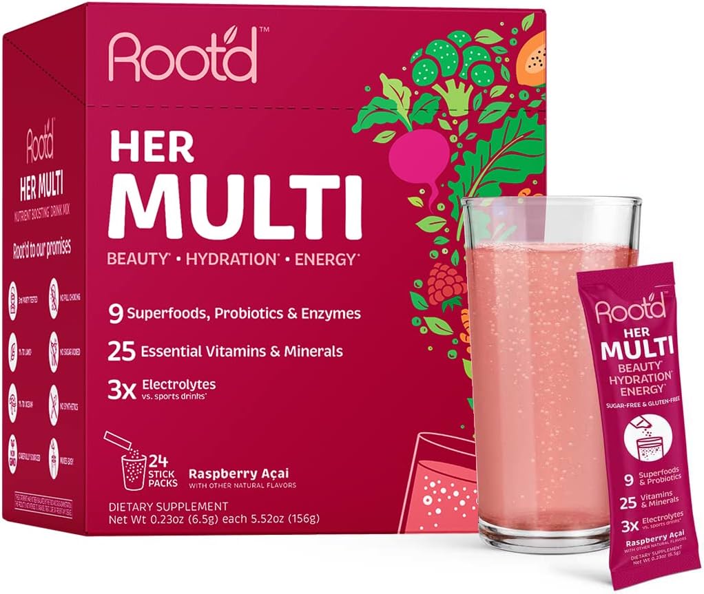 Root'd Multivitamin Powder for Women - 25 Vitamins & Minerals with 3X Electrolytes, 9 Organic Superfoods, Probiotics & Enzymes, Sugar-Free Multivitamin & Hydration | 24 Vitamin Drink Mix Packets 2