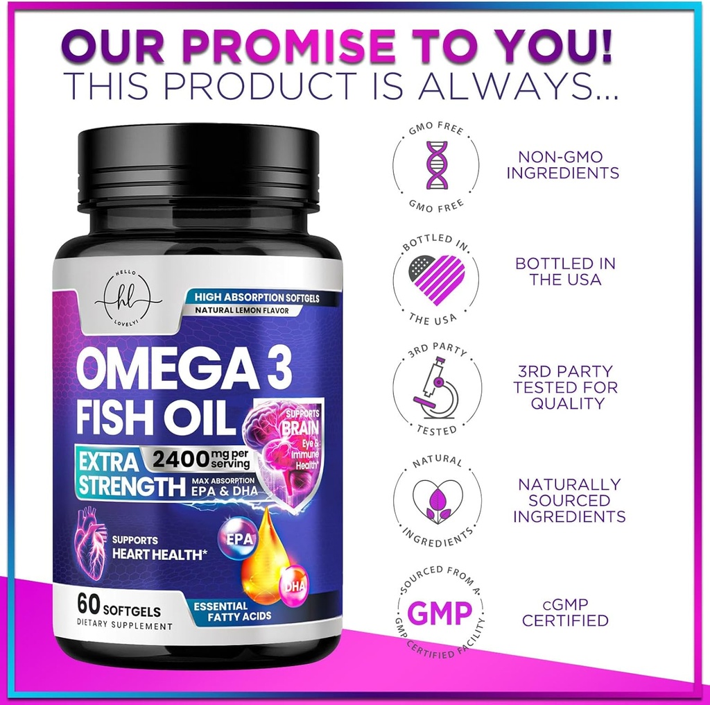 Omega 3 Fish Oil Supplements 2400mg - Triple Strength Omega 3 Fatty Acids, Natural Heart Health Brain & Joint Support - Fatty Acids with EPA & DHA - Wild Caught Fish Oil Supplement - 60 Softgels 5