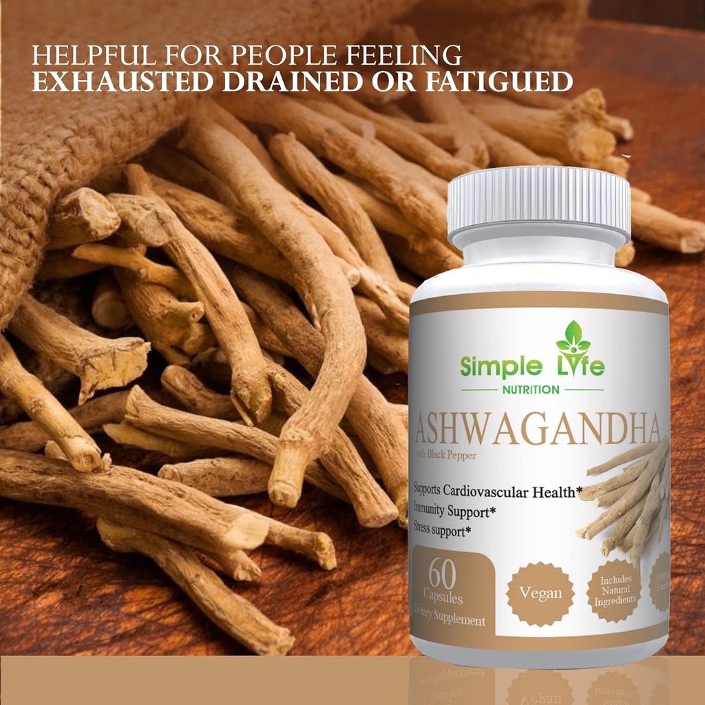 Organic Ashwagandha - Max Strength 1300MG Vegan Capsules - 100% Pure Non GMO Root Powder with Natural Black Pepper 60CT 5