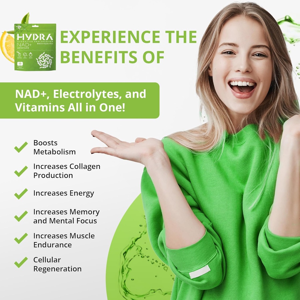 Hydra Powders NAD+ Nutrients Electrolyte Powder Packets, Anti Aging Daily Hydration Packets, Low Sodium Electrolytes Powder, Electrolyte Drink Mix Low Sugar - 16 Electrolyte Packets Lemon Lime 4