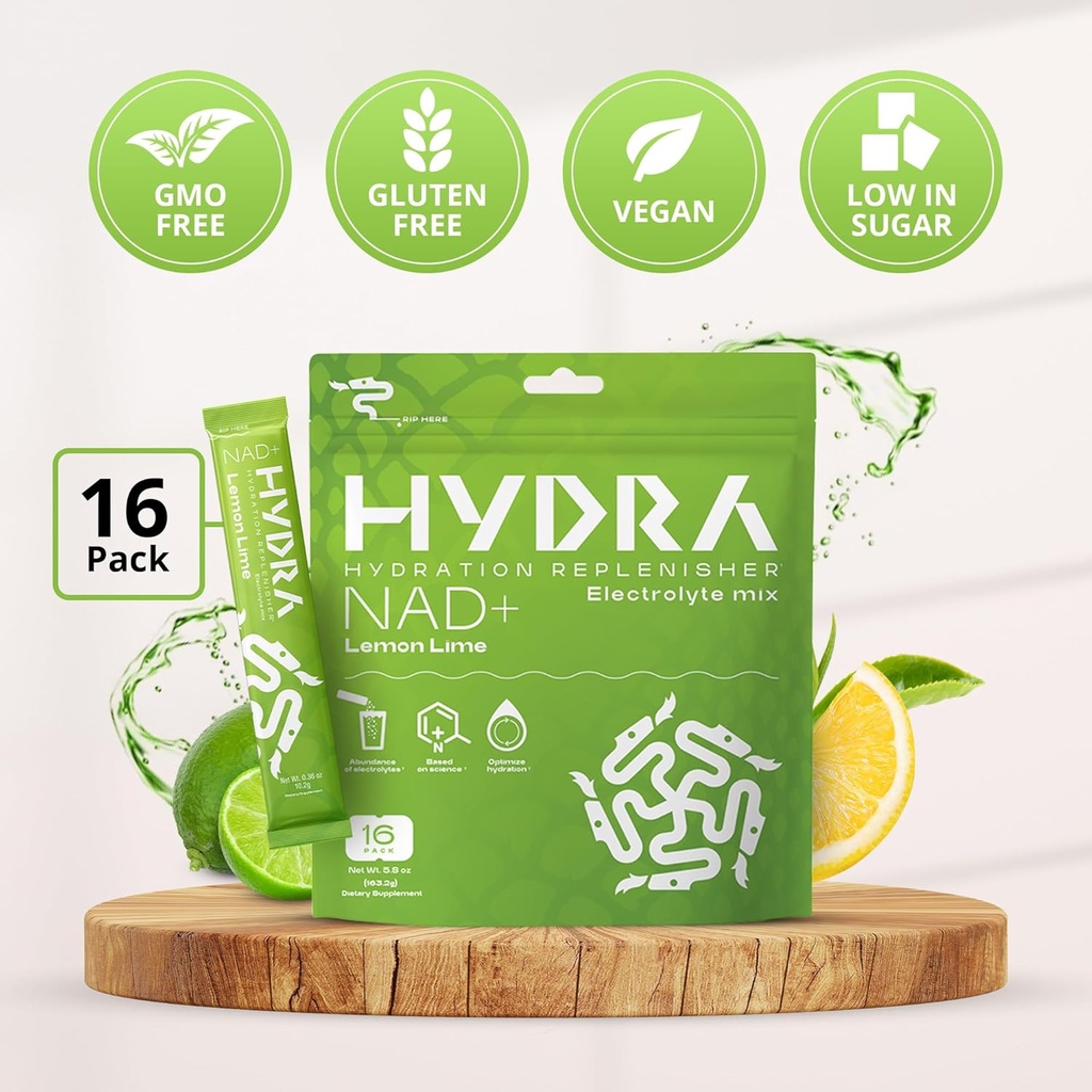 Hydra Powders NAD+ Nutrients Electrolyte Powder Packets, Anti Aging Daily Hydration Packets, Low Sodium Electrolytes Powder, Electrolyte Drink Mix Low Sugar - 16 Electrolyte Packets Lemon Lime 5