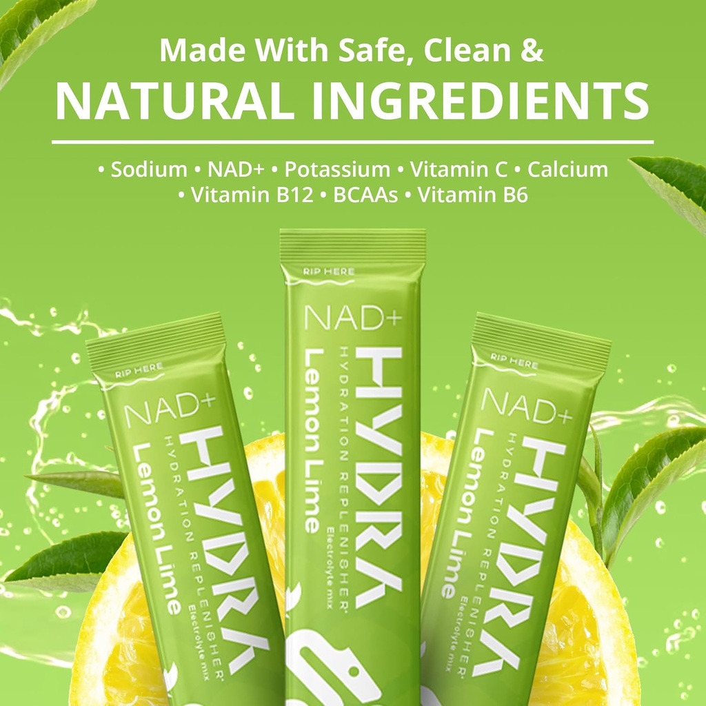 Hydra Powders NAD+ Nutrients Electrolyte Powder Packets, Anti Aging Daily Hydration Packets, Low Sodium Electrolytes Powder, Electrolyte Drink Mix Low Sugar - 16 Electrolyte Packets Lemon Lime 6