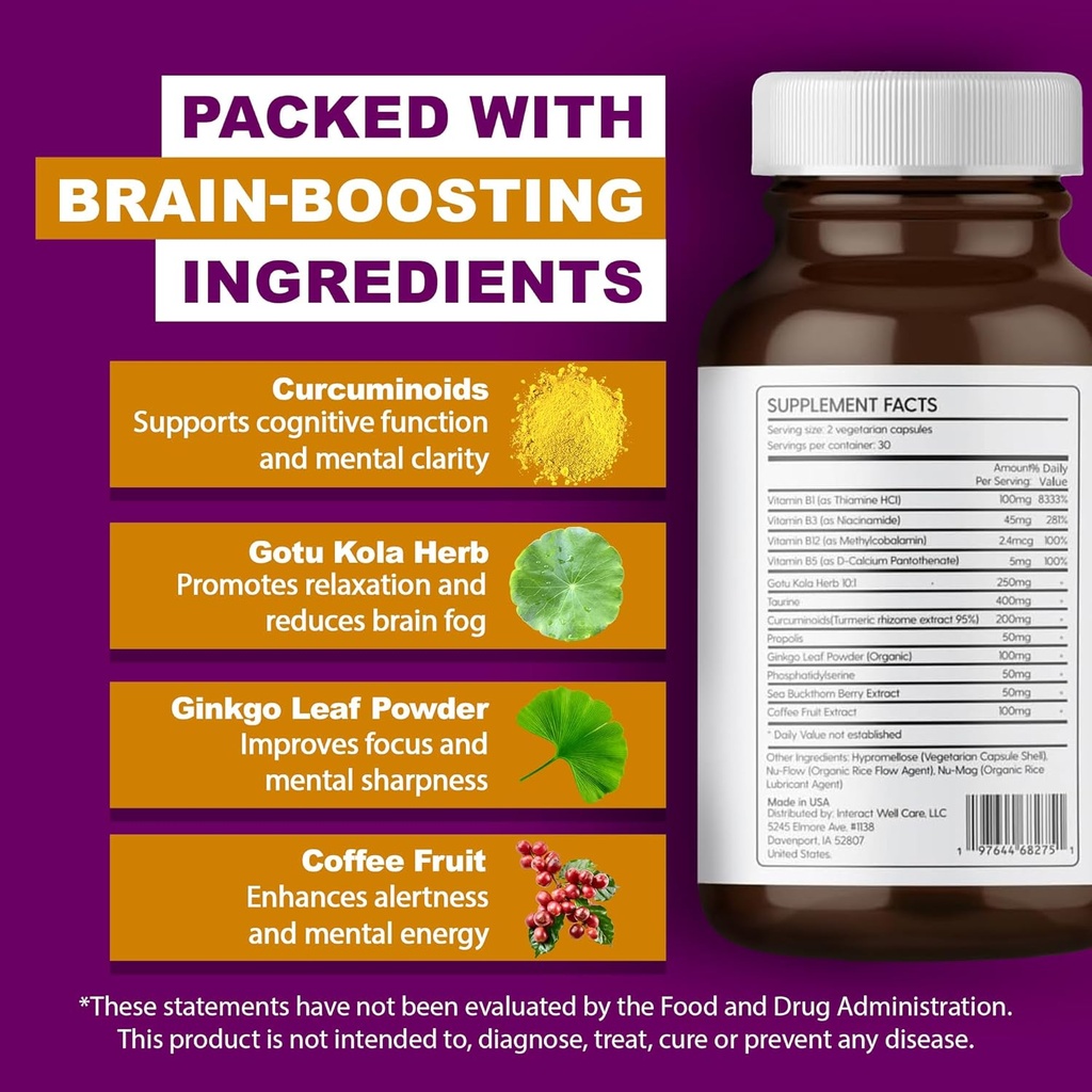 Focus & Memory Supplement for Brain Health, Focus Supplement & Neurotransmitter Support with Vitamin B12, B1, B3 & B5 Plus Taurine, 60 Capsules 5