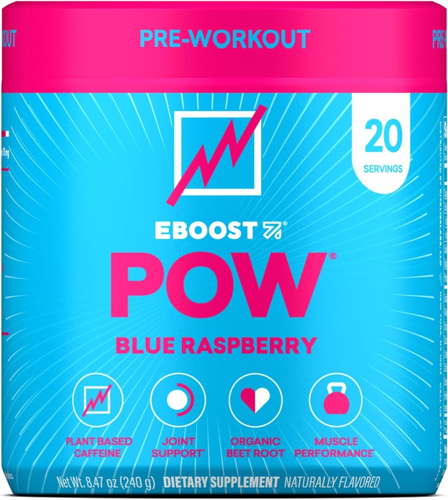 EBOOST POW Natural Pre Workout Powder – 20 Servings - Blue Raspberry - A PreWorkout Supplement for Performance, Joint Mobility Support, Energy - Men and Women - Non-GMO, Gluten-Free, No Creatine 2