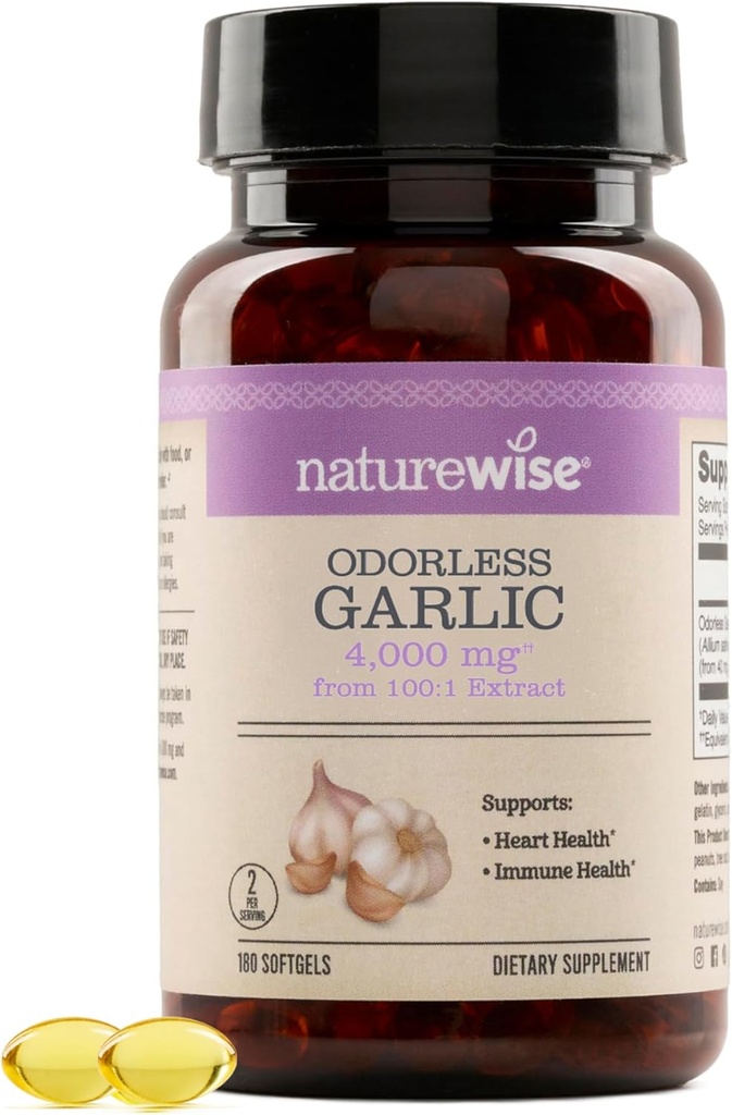 NatureWise Odorless Garlic Supplement 4000mg - Ultra Potent 100:1 Extract - Healthy Cholesterol Formula, Heart Health Support - Non-GMO, Gluten Free, with Halal Gelatin - 180 Count[90-Day Supply] 2