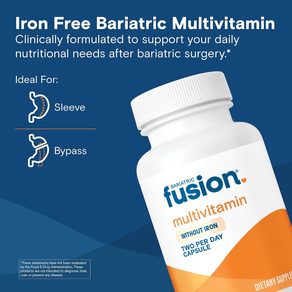 Bariatric Fusion Bariatric Multivitamin Without Iron | Post Bariatric Surgery Patients | Iron Free Bariatric Vitamin for Gastric Bypass and Sleeve Gastrectomy | 60 Capsules | 1 Month Supply 3