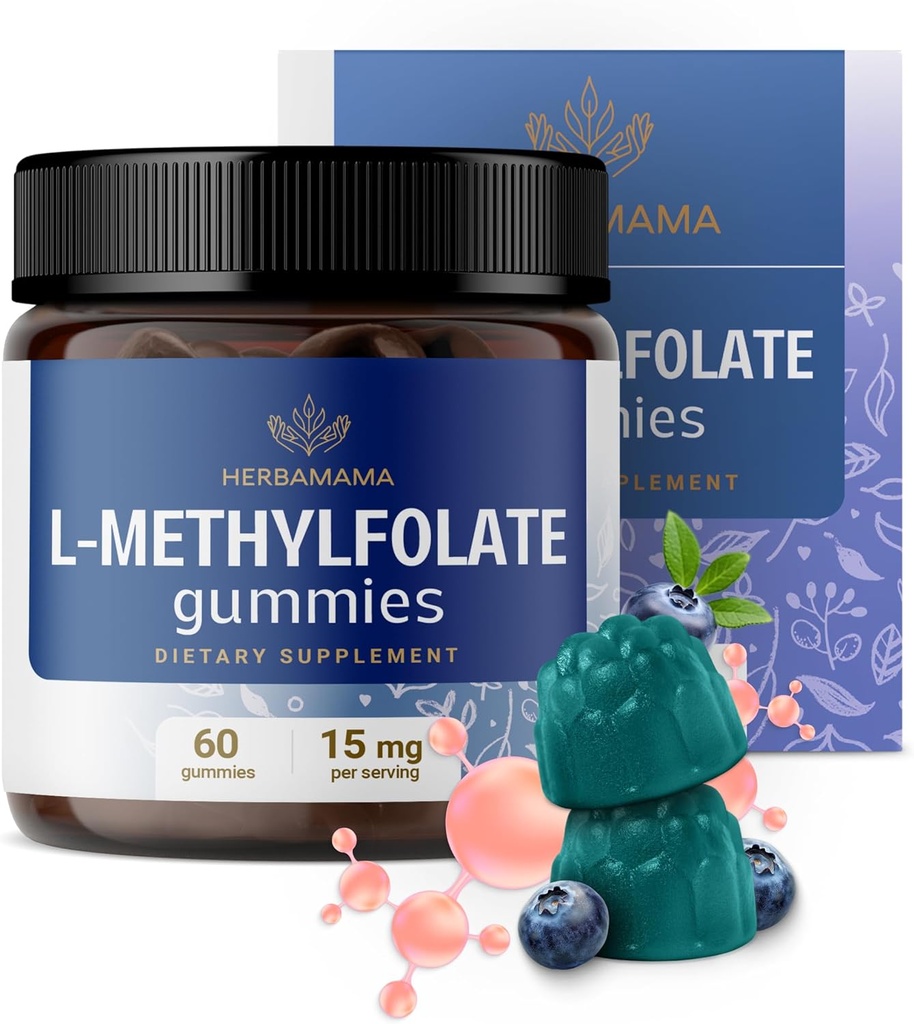 HERBAMAMA L-Methylfolate Gummies - 15mg 5-MTHF Calming Supplement for Adults - Vegan, Non-GMO Methylated Folate (Vitamin B9) for Brain Support - 60 Pectin-Based Blueberry-Flavored Chews 2