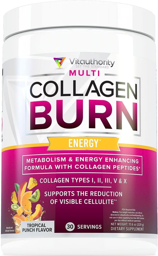 Multi Collagen Burn: MultiType Hydrolyzed Protein Peptides with Hyaluronic Acid, Vitamin C, SOD B Dimpless, Types I, II, III, V and X, with Caffeine 30 Servings Tropical Punch Flavored 2