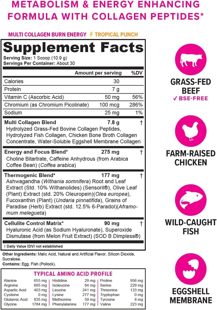 Multi Collagen Burn: MultiType Hydrolyzed Protein Peptides with Hyaluronic Acid, Vitamin C, SOD B Dimpless, Types I, II, III, V and X, with Caffeine 30 Servings Tropical Punch Flavored 3
