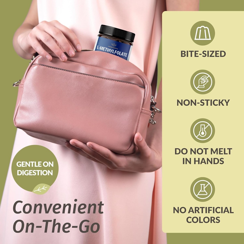 HERBAMAMA L-Methylfolate Gummies - 15mg 5-MTHF Calming Supplement for Adults - Vegan, Non-GMO Methylated Folate (Vitamin B9) for Brain Support - 60 Pectin-Based Blueberry-Flavored Chews 6