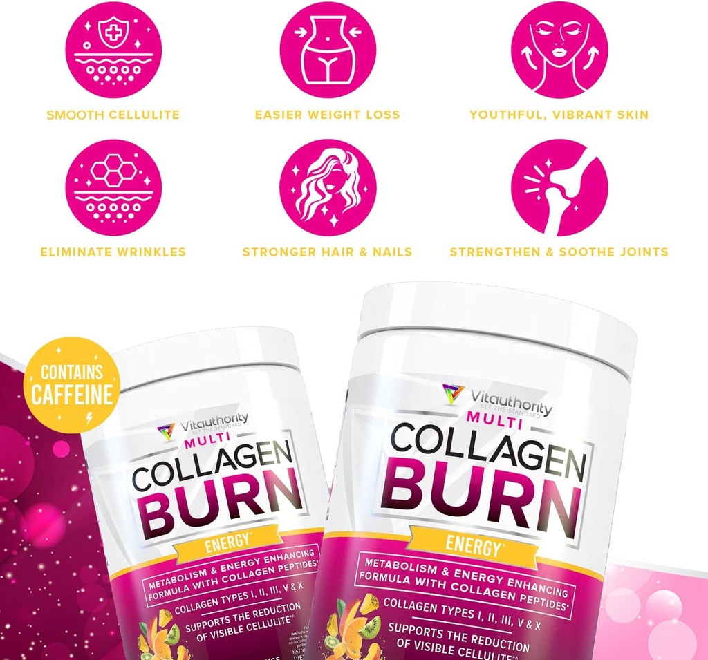 Multi Collagen Burn: MultiType Hydrolyzed Protein Peptides with Hyaluronic Acid, Vitamin C, SOD B Dimpless, Types I, II, III, V and X, with Caffeine 30 Servings Tropical Punch Flavored 4