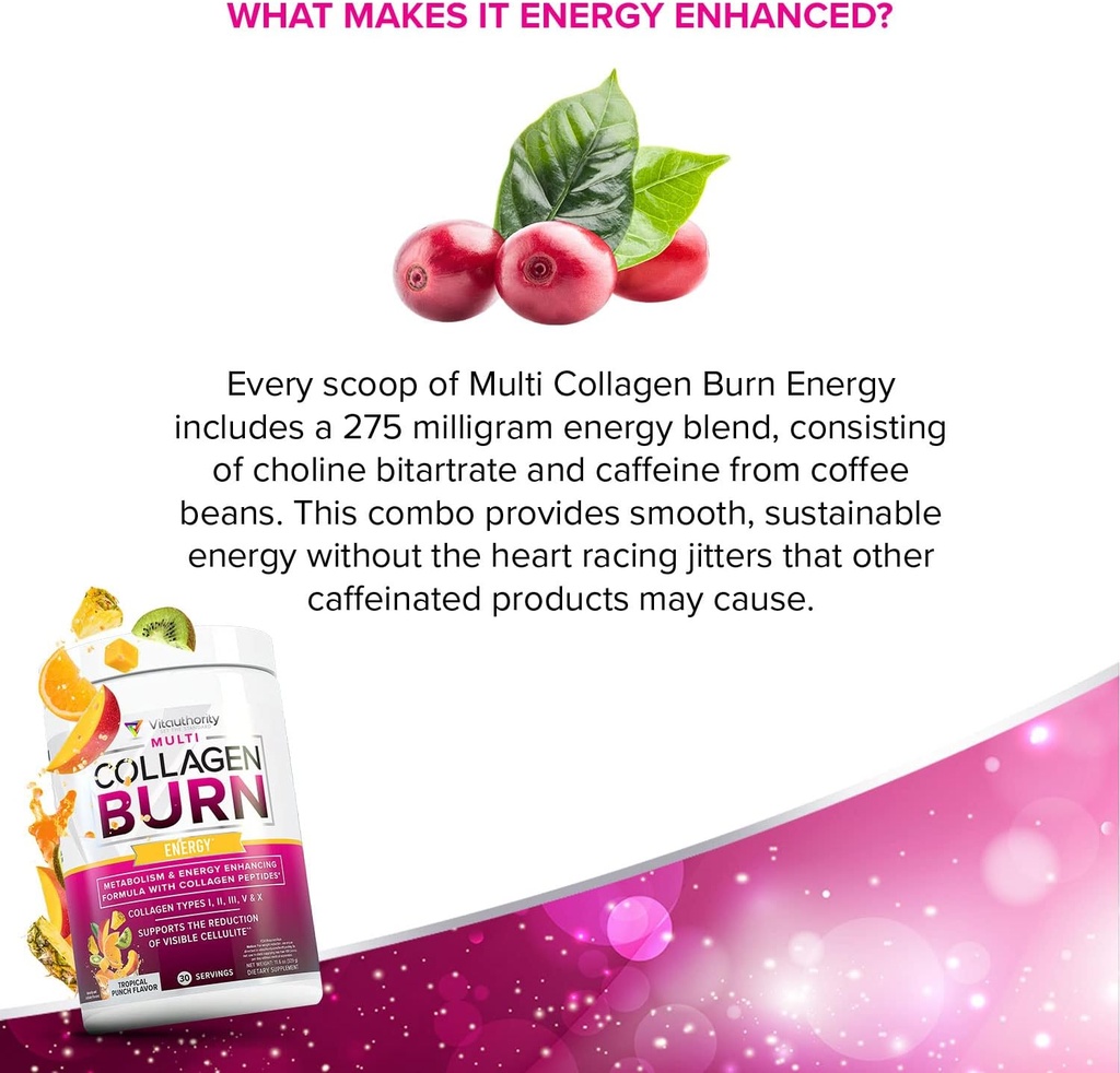 Multi Collagen Burn: MultiType Hydrolyzed Protein Peptides with Hyaluronic Acid, Vitamin C, SOD B Dimpless, Types I, II, III, V and X, with Caffeine 30 Servings Tropical Punch Flavored 5