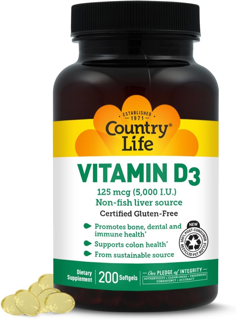 Country Life Vitamin D3 5000 IU for Immune and Bone Health, Calcium Absorption, and Colon Health - Sustainable Source from Lanolin, Available in Various Strengths 2