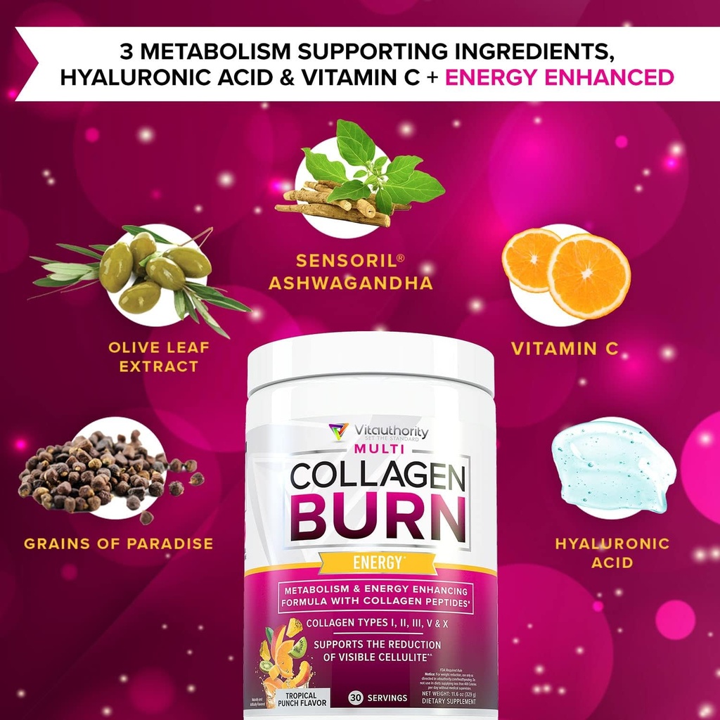 Multi Collagen Burn: MultiType Hydrolyzed Protein Peptides with Hyaluronic Acid, Vitamin C, SOD B Dimpless, Types I, II, III, V and X, with Caffeine 30 Servings Tropical Punch Flavored 6