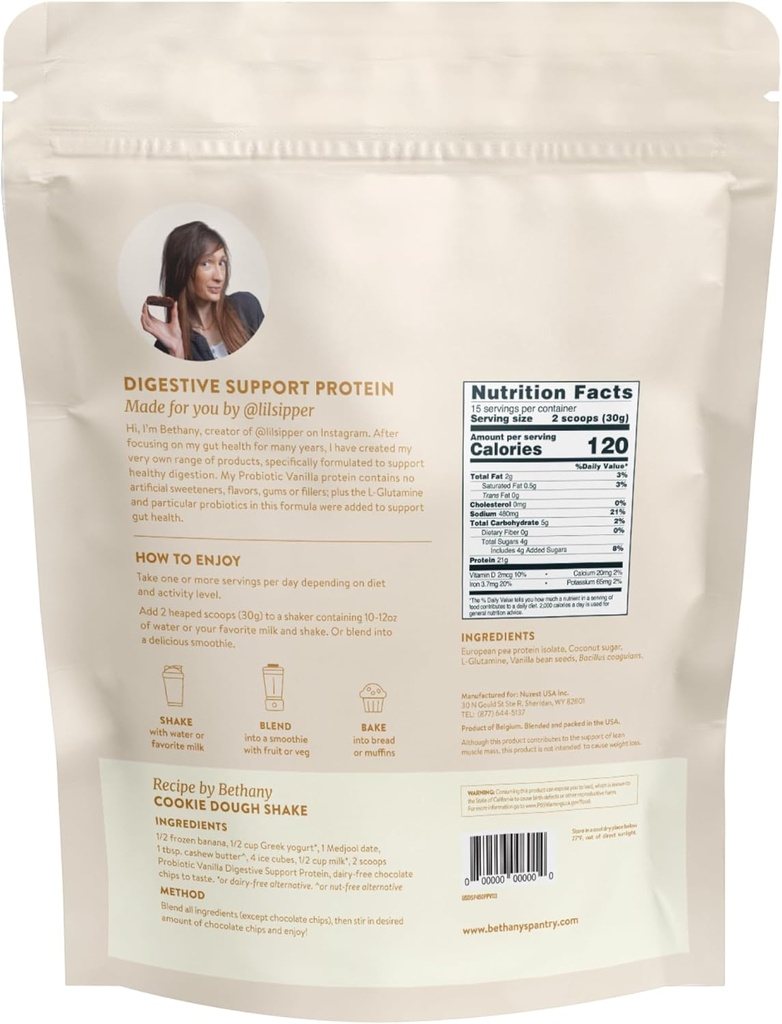 Nuzest Bethany's Pantry Digestive Support Protein - Probiotics for Digestive Health – Clean Lean Protein - Premium Vegan Pea Protein Powder – Plant Based - 20 Servings, 1 Pound (Pack of 1) - Vanilla 3