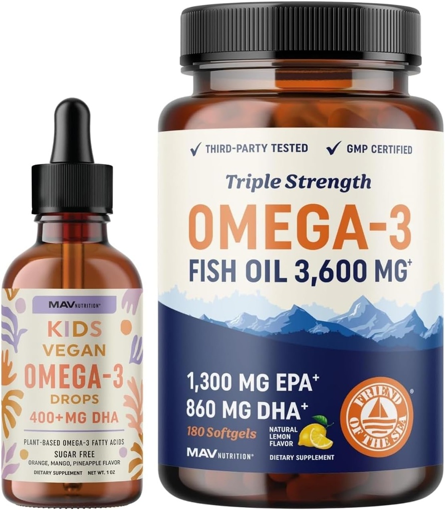 Omega 3 Fish Oil Softgels and Omega 3 Liquid Drops for Kids | EPA, DHA & Algae Oil for Heart, Brain, and Immune Support | Omega 3 Bundle for The Whole Family 2