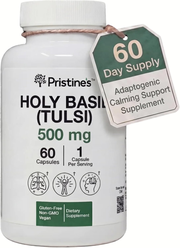 PRISTINE'S Holy Basil Capsules - 500 mg Gluten Free Immunity & Relaxation Support Adaptogen Supplement - 60 Day Supply - Tulsi Holy Basil Leaf Extract Capsules - Vegan - Non-GMO 2