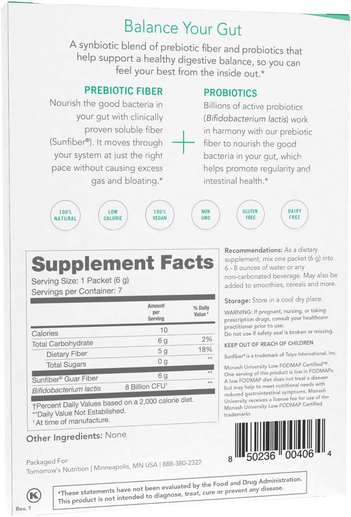 Tomorrow's Nutrition Sunfiber GI 7-Day Kit, Prebiotic Fiber & Probiotics, 5g Prebiotic Fiber & 8 Billion Probiotics Per Serving, Low FODMAP, 7 Packets, Unflavored 3