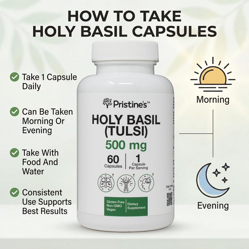 PRISTINE'S Holy Basil Capsules - 500 mg Gluten Free Immunity & Relaxation Support Adaptogen Supplement - 60 Day Supply - Tulsi Holy Basil Leaf Extract Capsules - Vegan - Non-GMO 4