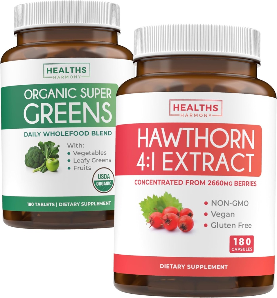 Super Greens & Hawthorn Extract (3-Month Supply) Super Berry Blend Bundle of Organic Super Greends Powder - Complete Superfood & Hawthorn Berry 4:1 Extract - High Strength Extract (180 Capsules) 2