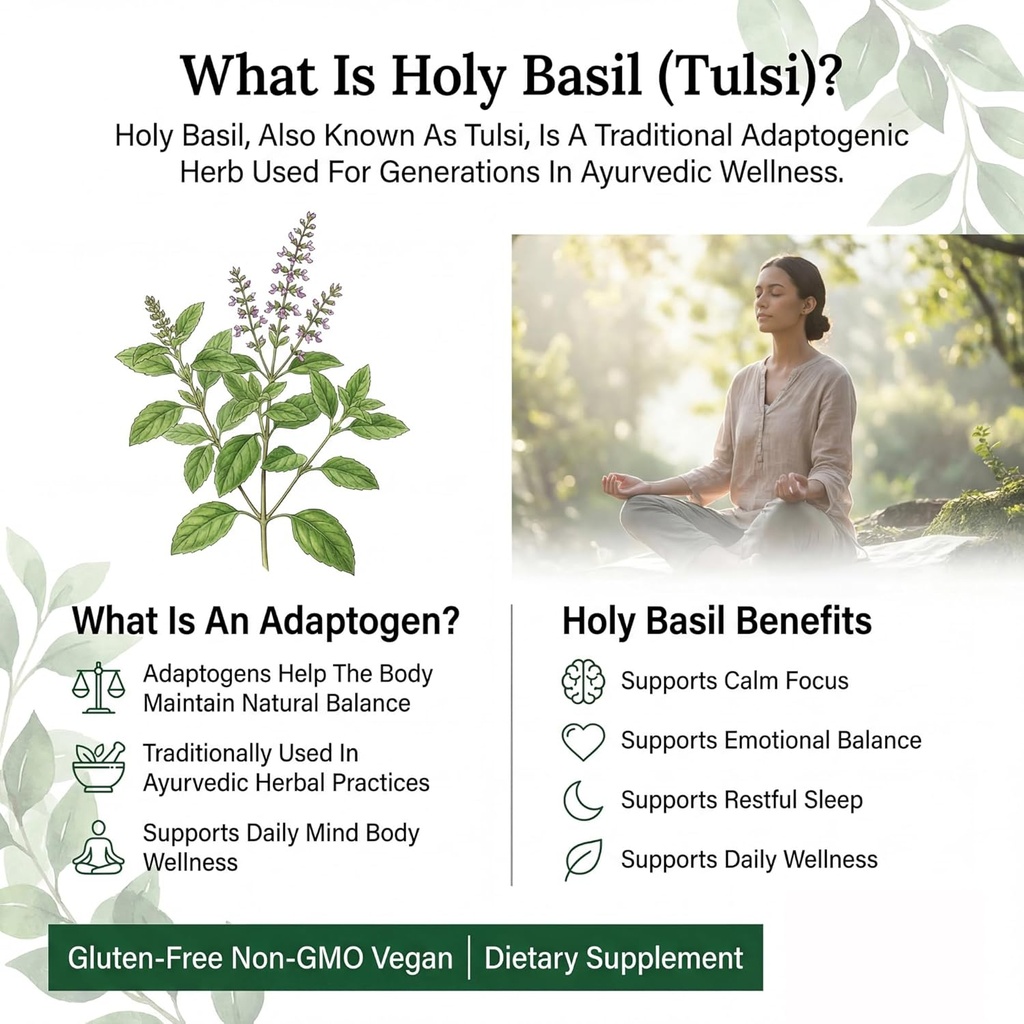 PRISTINE'S Holy Basil Capsules - 500 mg Gluten Free Immunity & Relaxation Support Adaptogen Supplement - 60 Day Supply - Tulsi Holy Basil Leaf Extract Capsules - Vegan - Non-GMO 6