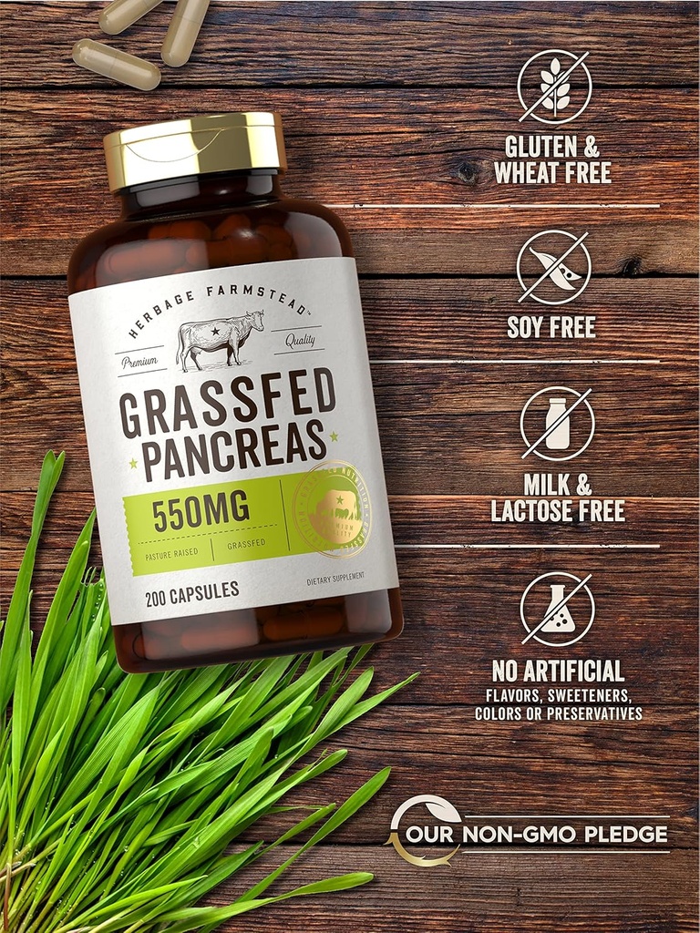 Carlyle Grass Fed Beef Pancreas | 550mg | 200 Capsules | Desiccated Pasture Raised Bovine Supplement | Non-GMO, Gluten Free | by Herbage Farmstead 5
