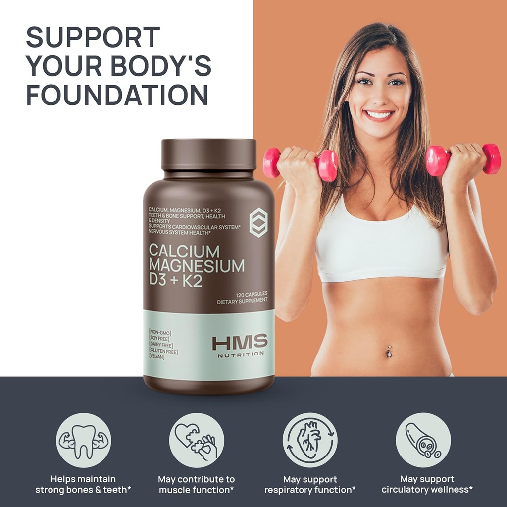 Calcium, Magnesium, Vitamins D3 + K2 for Bone Health, Immune Support, Bones & Teeth Calcium Supplement for Women & Men, Non-GMO, Gluten-Free, 120 Capsules 6