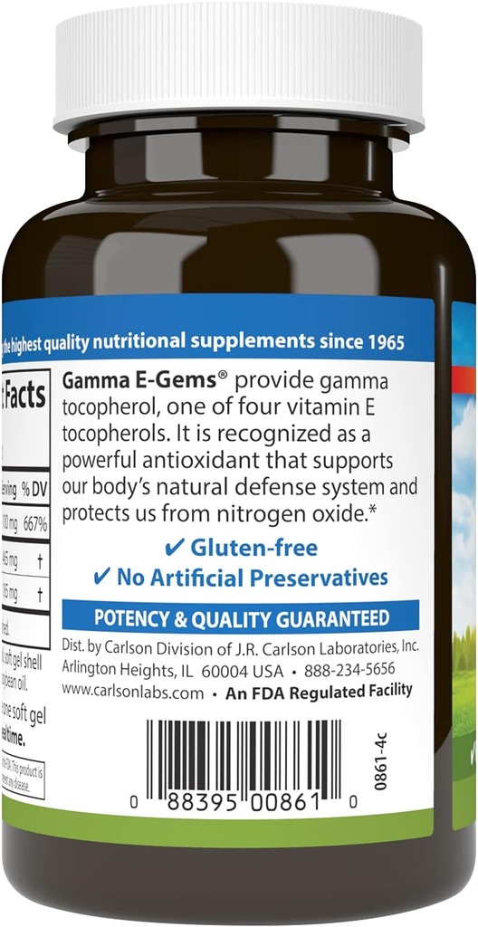 Carlson - Gamma E-Gems, 465 mg, Gamma Tocopherol, Vitamin E Tocopherol, Optimal Wellness, 120 Softgels 4