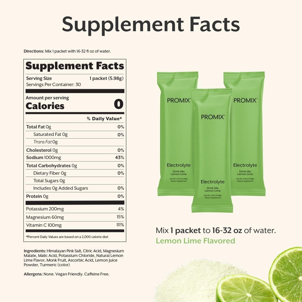 ProMix Nutrition Electrolytes Powder Packets - Sugar Free, Zero Calorie, Stevia Free, Fasting Friendly, Natural Himalayan Pink Salt - Lemon Lime - 30 Servings (Pack of 30) 6