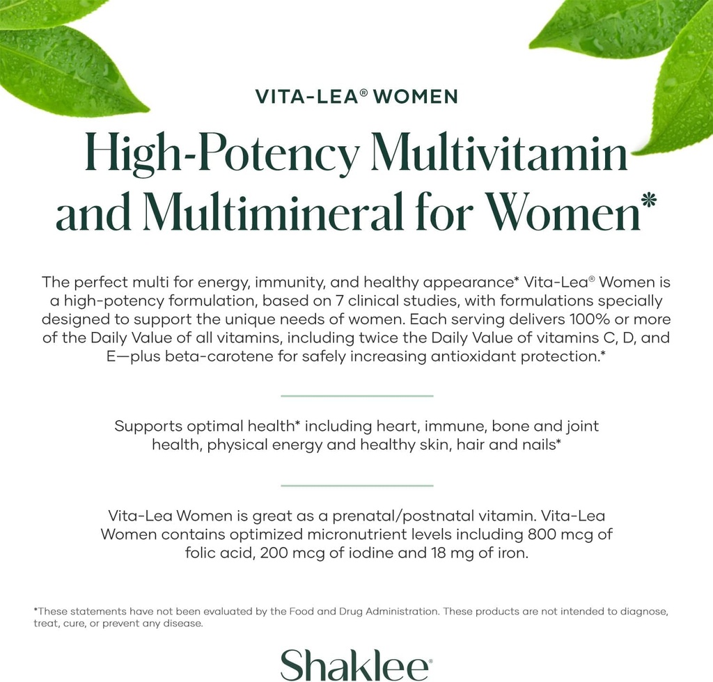 Shaklee - Vita-Lea® Women High-Potency Multivitamin & Multimineral for Women - Prenatal/Postnatal Support with 800 mcg Folic Acid, 200 mcg Iodine, 18 mg Iron - 240 Tablets 5