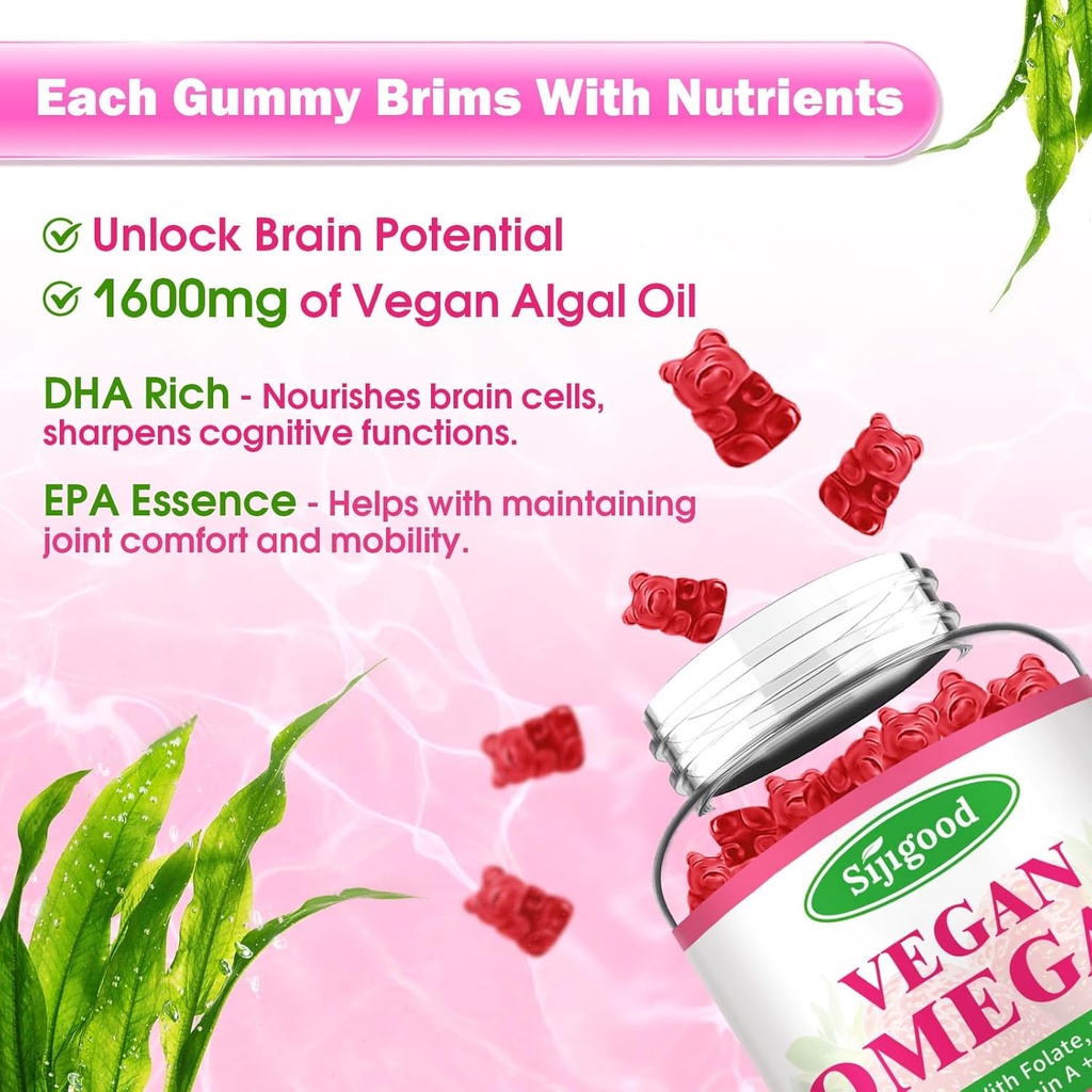 Omega-3 Gummies Potent Algae Omega Source, Boost Brain, Eye & Immune Function, with DHA and EPA Vegan & Sugar Free, Orange Flavor, 60 Count 3