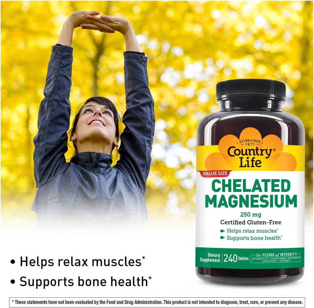Country Life, Chelated Magnesium 250mg, Supports Bone and Immune Health, Daily Supplement, 240 ct 4
