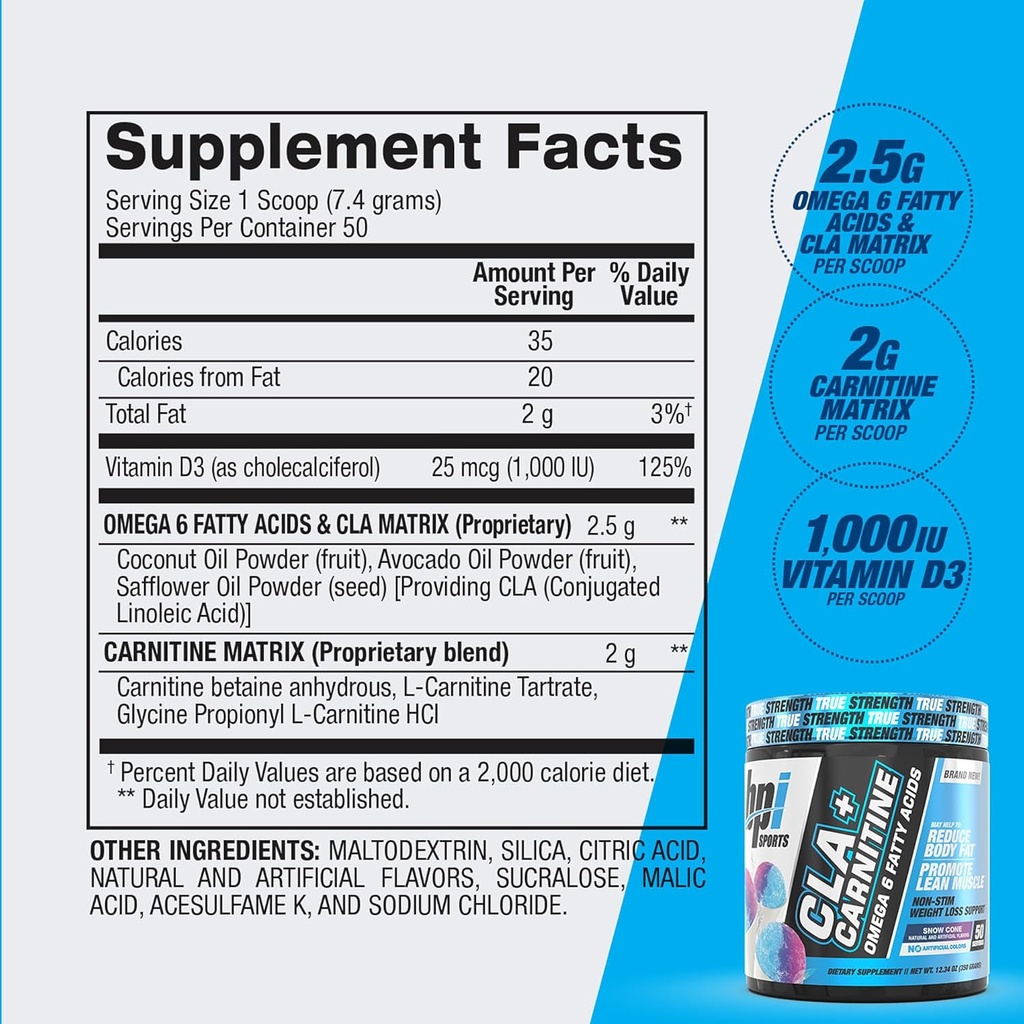 BPI Sports CLA+Carnitine – CLA L Carnitine & Linoleic Acid – L Carnitine Supplement for Weight Loss, Metabolism & Lean Muscle – Caffeine Free – Snow Cone – 50 Servings – 12.34 oz 5