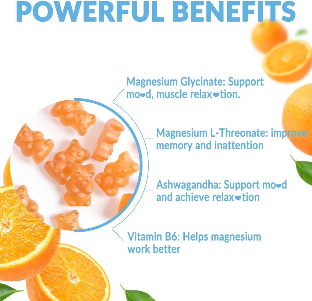 Sugar-Free Magnesium Glycinate Gummies with L-Threonate, Magnesium Supplements for Women and Men with Ashwagandha, L-Theanine, GABA, Vitamin C, B6 4