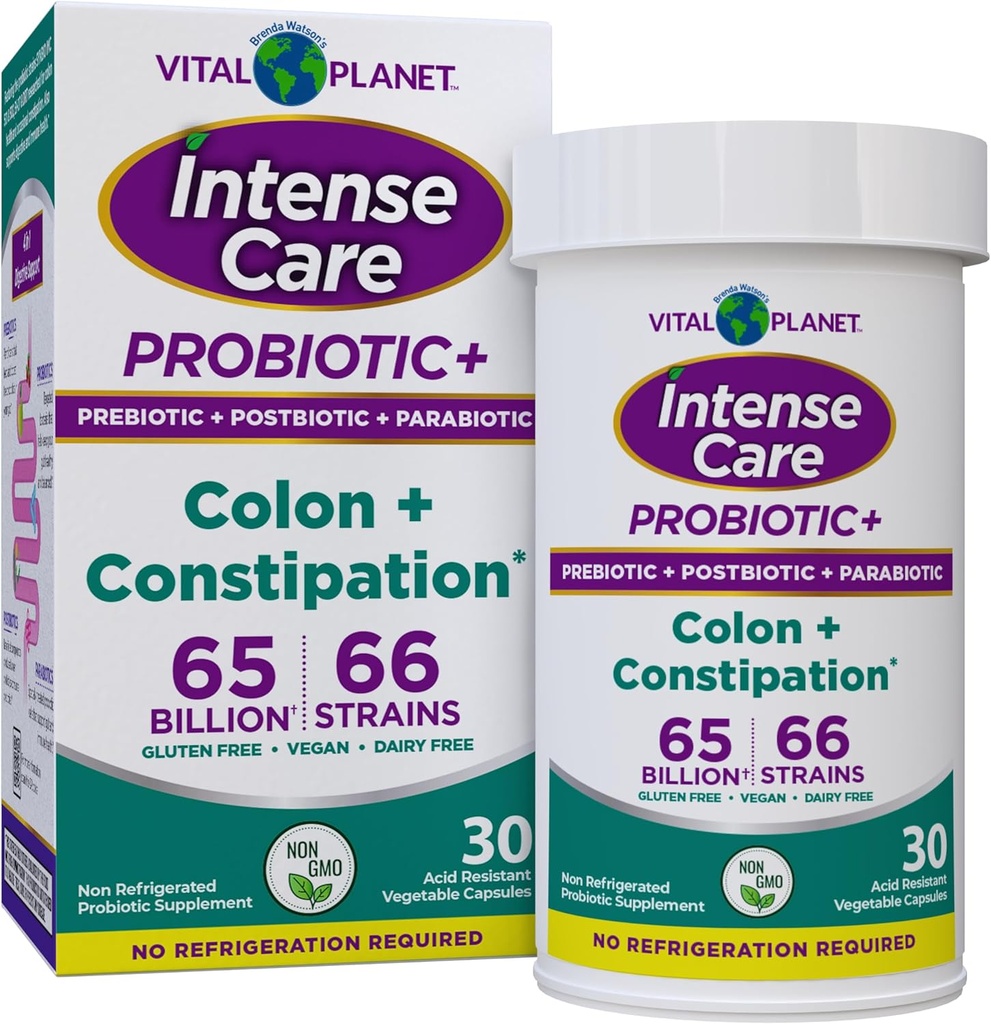 Vital Planet - Intense Care Colon & Constipation Probiotics Plus Organic Prebiotics, Postbiotics, Parabiotics, Complete 4-in-1 Health Supplement for Adults, 65 Billion CFU, 66 Strains, 30 ct 2