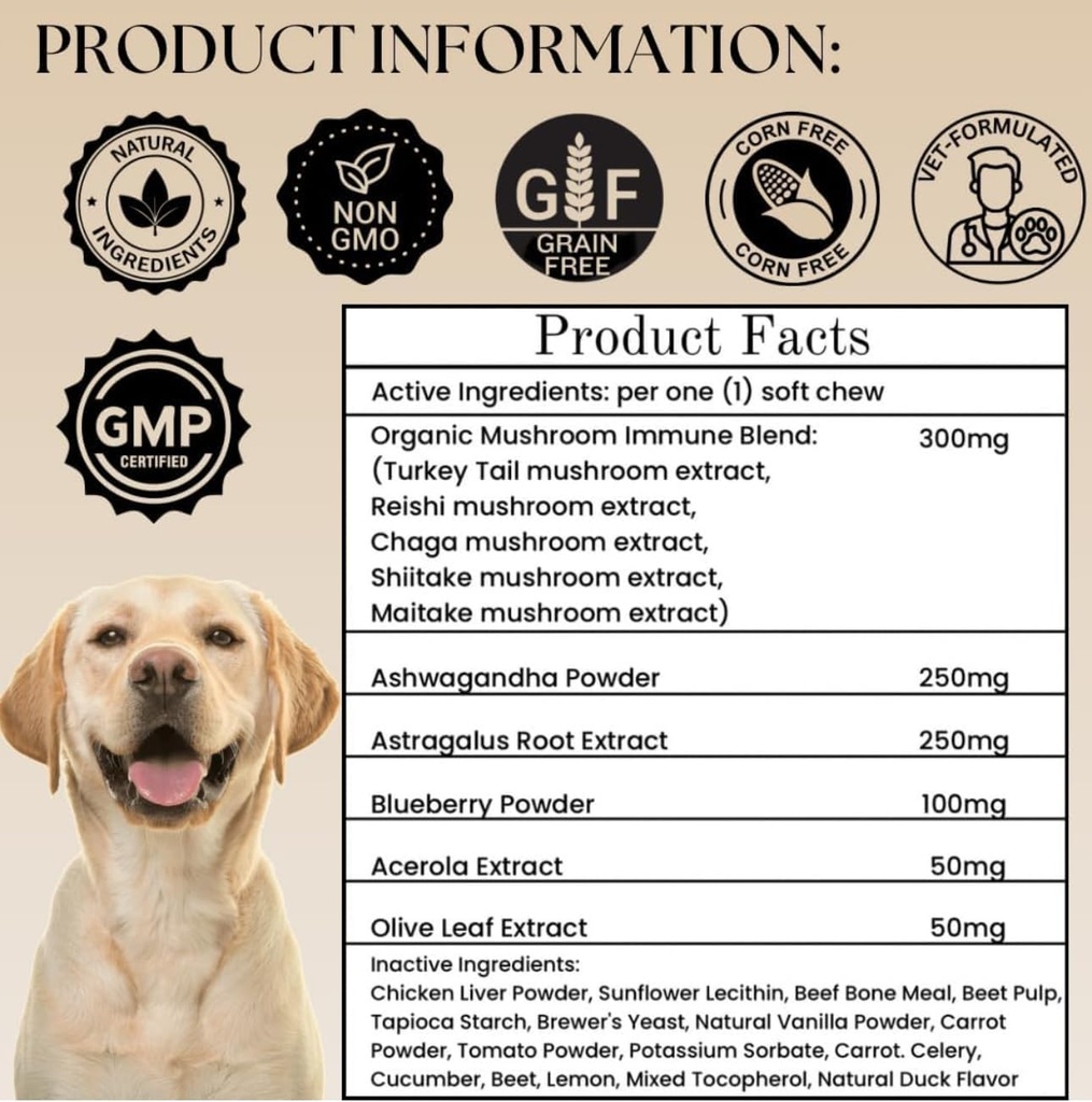 Dogs Immune Support Mushroom Supplement - Supports Longevity, Cognition, Joint, Cellular & Gut Health - All Natural Organic, GrainFree - Aid for Lumps and Bumps, Chicken Flavor - 90 Chews 5