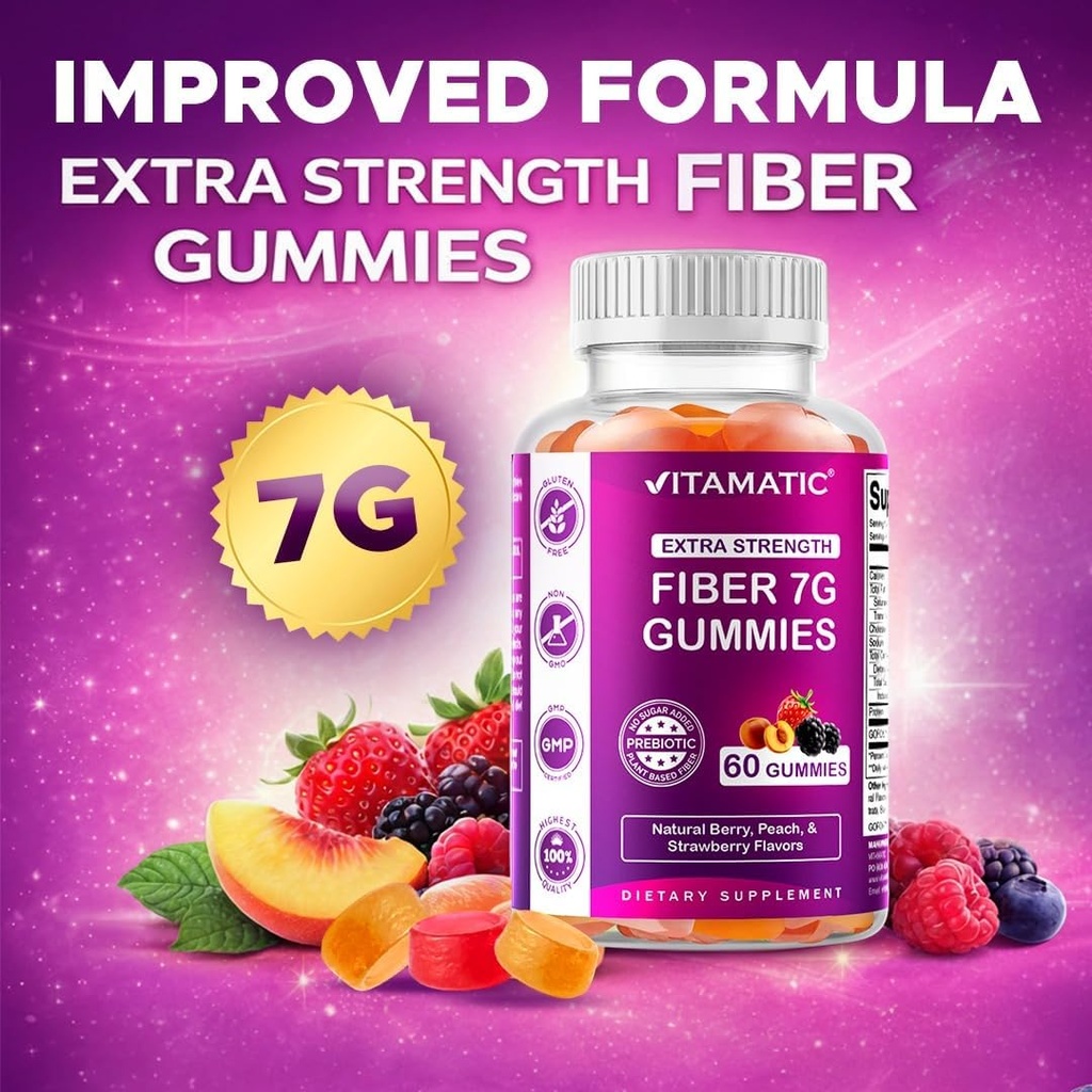 Vitamatic Prebiotic Fiber Gummies for Adults – 7g Fiber per Serving – 60 Pectin-Based Gummies Extra Strength, Zero Sugar Added – Supports Digestive Health & Regularity – Non-GMO, Vegan, Gluten-Free 4