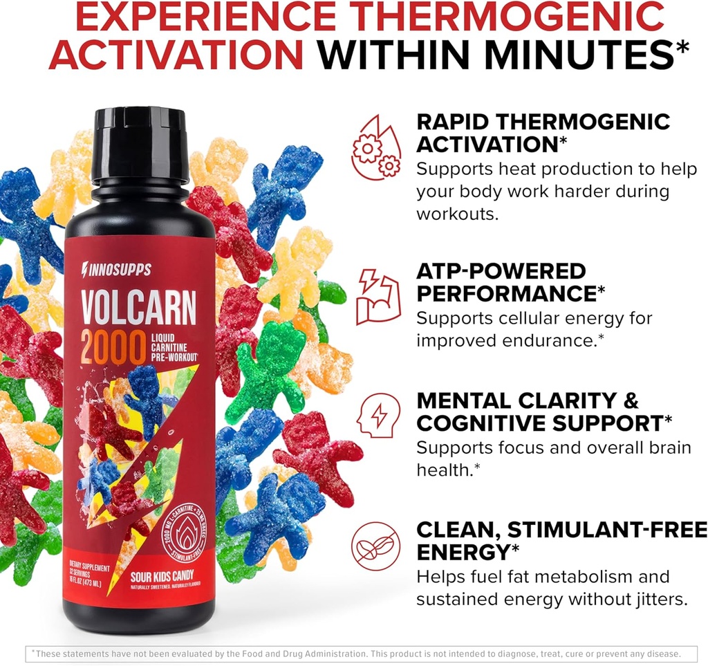 InnoSupps Volcarn 2000 - L-CARNITINE Advanced Energy Liquid | ATP Enhancer with GBEEC | Boosts Energy, Enhances Focus, Caffeine Free, No Artificial Sweeteners | 32 Servings (Sour Kids Candy) 5