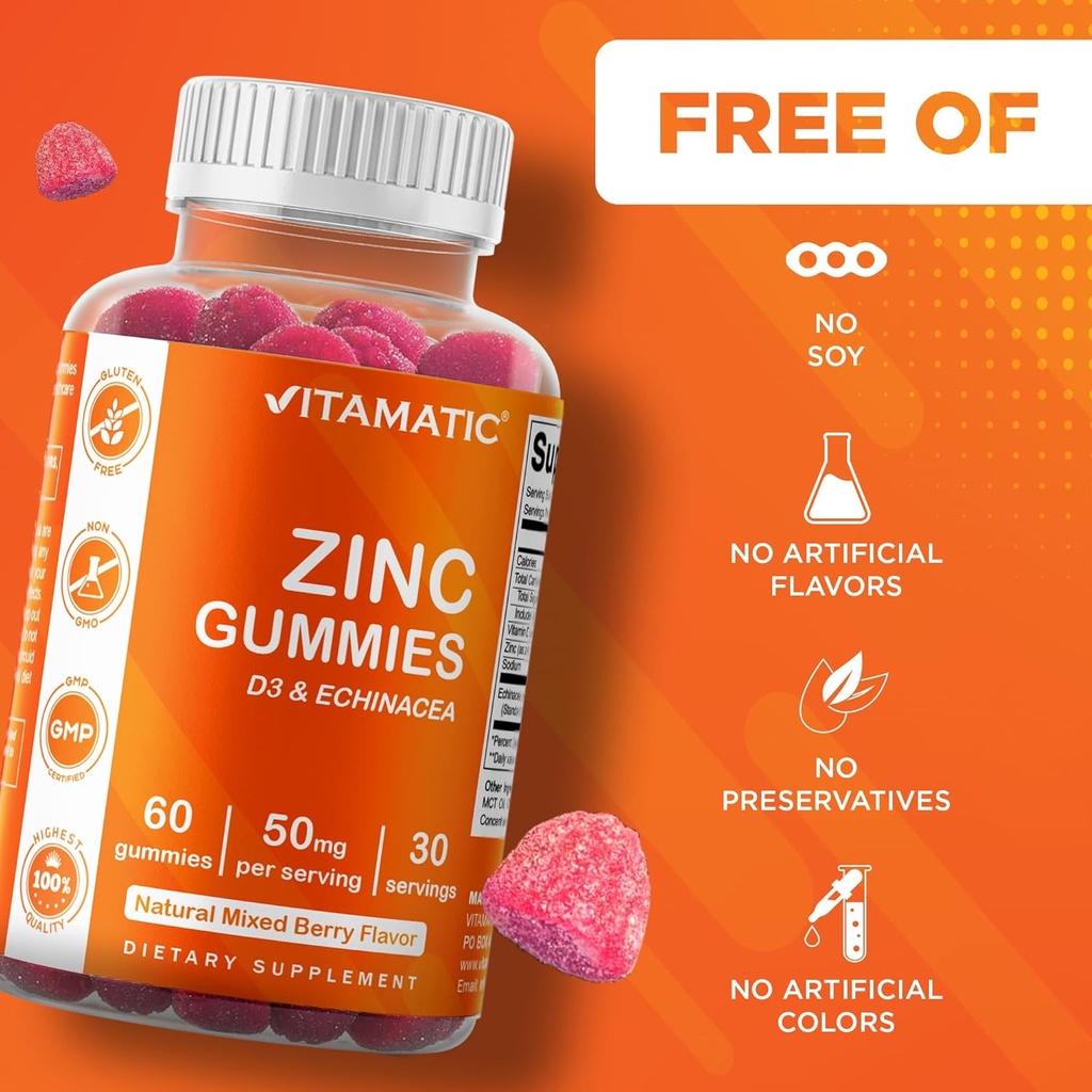 Vitamatic Zinc 50mg Gummies – 60 Vegan Gummies Gluten Free – Healthy Immune Support for Adults, Men & Women 5