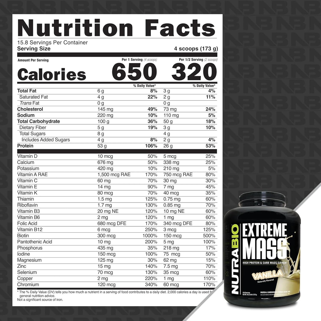 NutraBio Extreme Mass Gainer Protein Powder, 53G Protein, Clean Weight Gainer, Increase Muscle Mass, Full Spectrum Amino Acid - Vanilla, 6 Pound 3