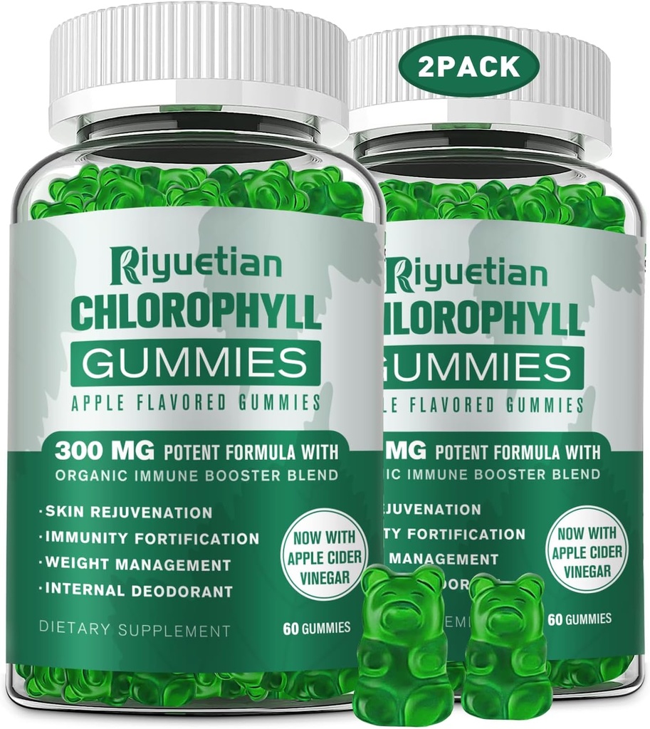 Sugar Free Chlorophyll Gummies - with Unfiltered ACV & Vitamin C、B12 - Energy Boost, Immune & Digestion Support, Natural Deodorant, Skin Care - Vegan, Non-GMO - 120 Gummies 2