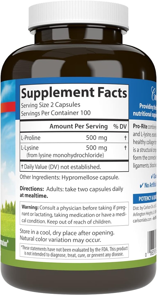 Carlson - Pro-Rite, Free-Form L-Proline & L-Lysine, Health, Joint Support & Collagen Formation, 200 Capsules 3