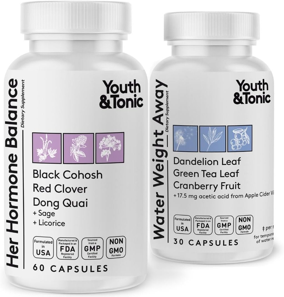Youth & Tonic PMS & Menopause Bloating Relief Duo – Support for Puffiness, Hormonal Balance & Fluid Retention – Her Hormone Balance + Water Weight Away Natural Herbs for Women, 90 Capsules 2