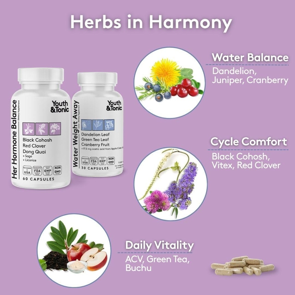 Youth & Tonic PMS & Menopause Bloating Relief Duo – Support for Puffiness, Hormonal Balance & Fluid Retention – Her Hormone Balance + Water Weight Away Natural Herbs for Women, 90 Capsules 6