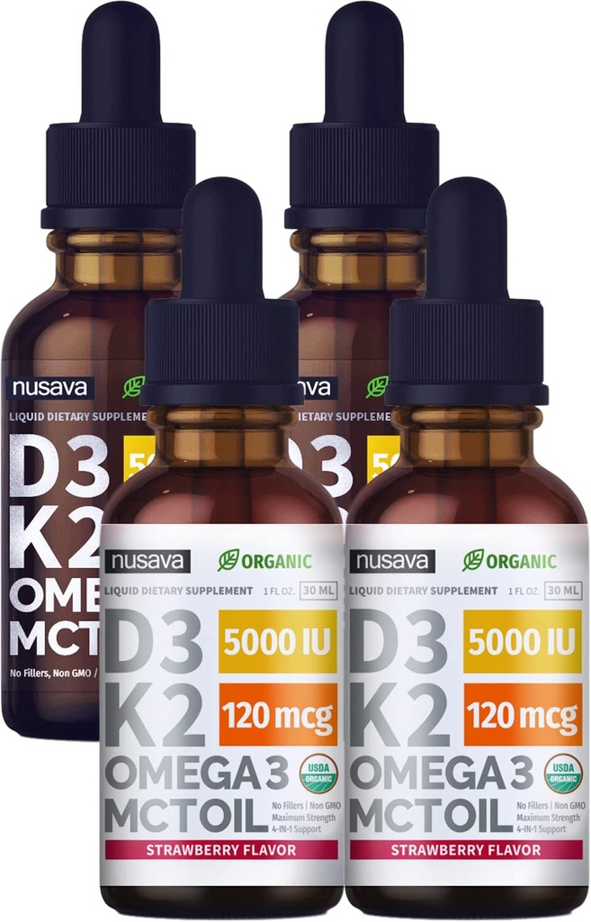 (4 Pack) Vitamin D3 K2 Drops Unflavored & Strawberry Flavor Bundle - Maximum Strength Vitamin D Liquid 5000 IU with MCT Oil Omega 3 - No Fillers, Non-GMO Liquid D3 for Immune Support, 2 Fl Oz Each 2