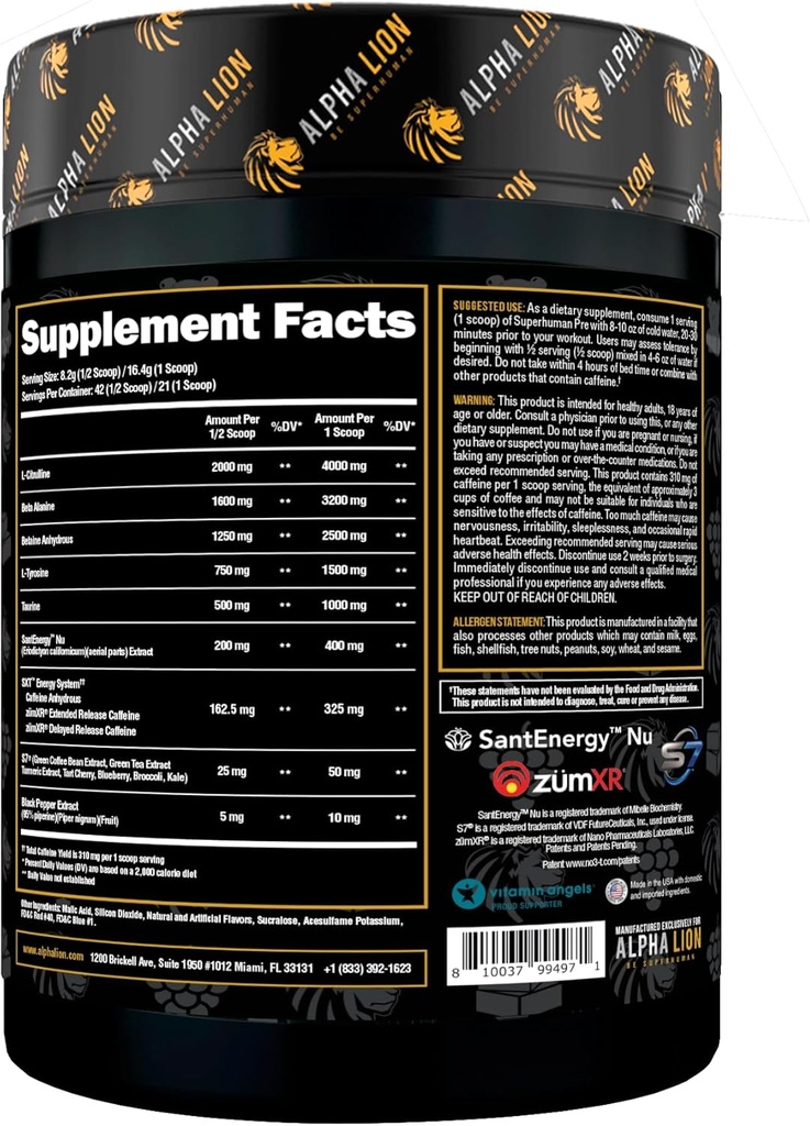 ALPHA LION Superhuman Pre Workout Powder, Beta Alanine, L-Taurine & Tri-Source Caffeine for Sustained Energy & Focus, Nitric Oxide & Citrulline for Pump (21 Servings, Miami Vice) 3